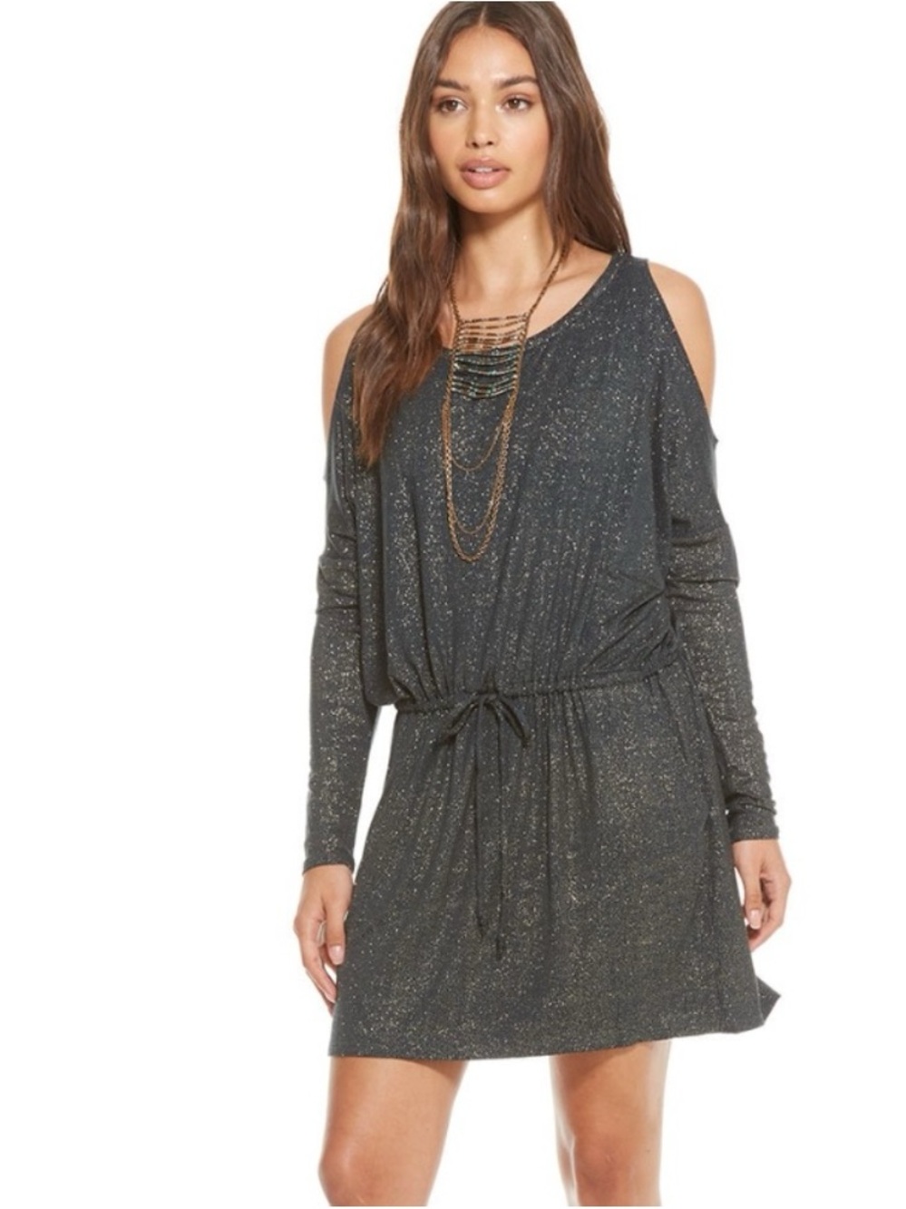 Chaser Green Gold Metallic Cold Shoulder Dress Size M‎
